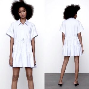 Zara Mini Tiered Oxford Shirt Dress - White -Size L